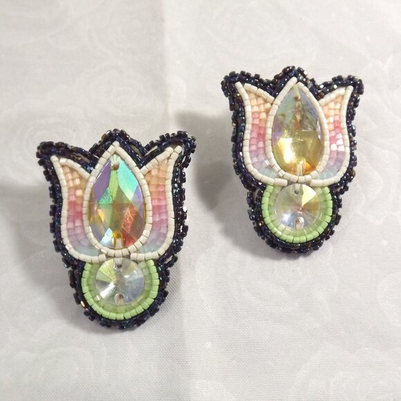 Beaded Floral Earrings with Iridescent Cabochons - Picture 1 of 5